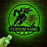 Personalized Girl Ice Hockey Metal Wall Art LED Light, Custom Hockey Player Stick Sign, Sports Wall Art, Gift for Hockey Lovers