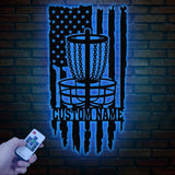 Personalized US Flag Disc Golf Metal Sign with LED Lights, Custom Disc Golfer Name Sign, Sports Wall Art, Gift for Dad, Home Decor