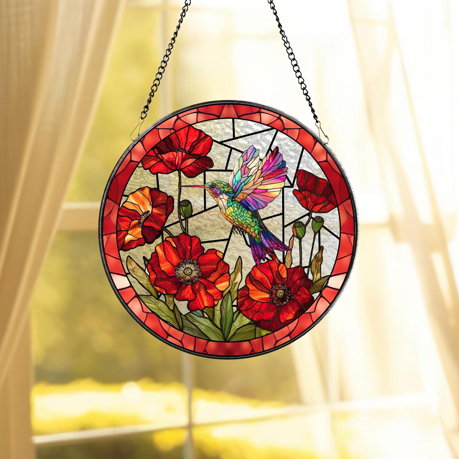 Hummingbird With Poppy Flower Stained Glass Suncatcher, Bird Stained Glass Window Hanging, Hummingbird Art, Gift Decor, Mother's Day Gift