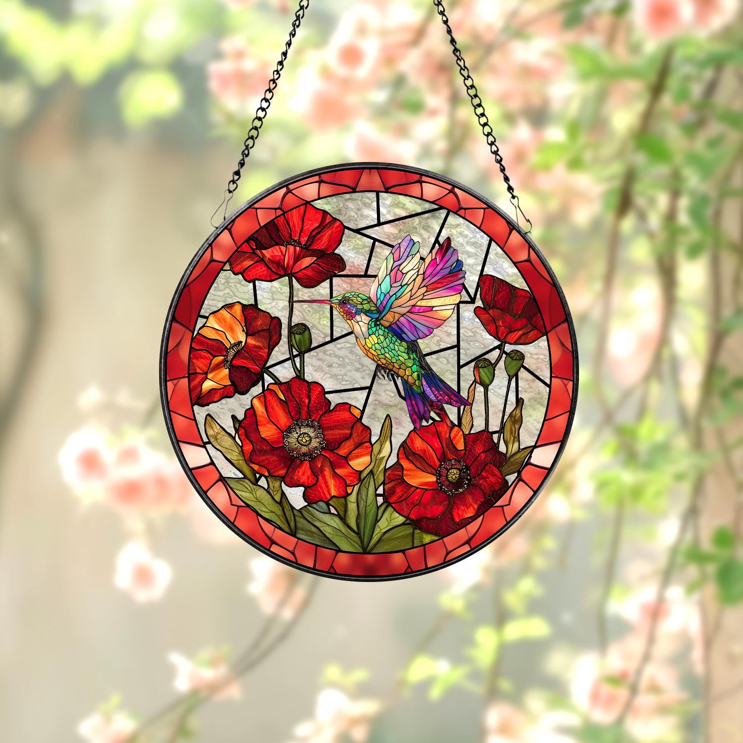 Hummingbird With Poppy Flower Stained Glass Suncatcher, Bird Stained Glass Window Hanging, Hummingbird Art, Gift Decor, Mother's Day Gift