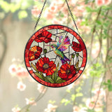 Hummingbird With Poppy Flower Stained Glass Suncatcher, Bird Stained Glass Window Hanging, Hummingbird Art, Gift Decor, Mother's Day Gift