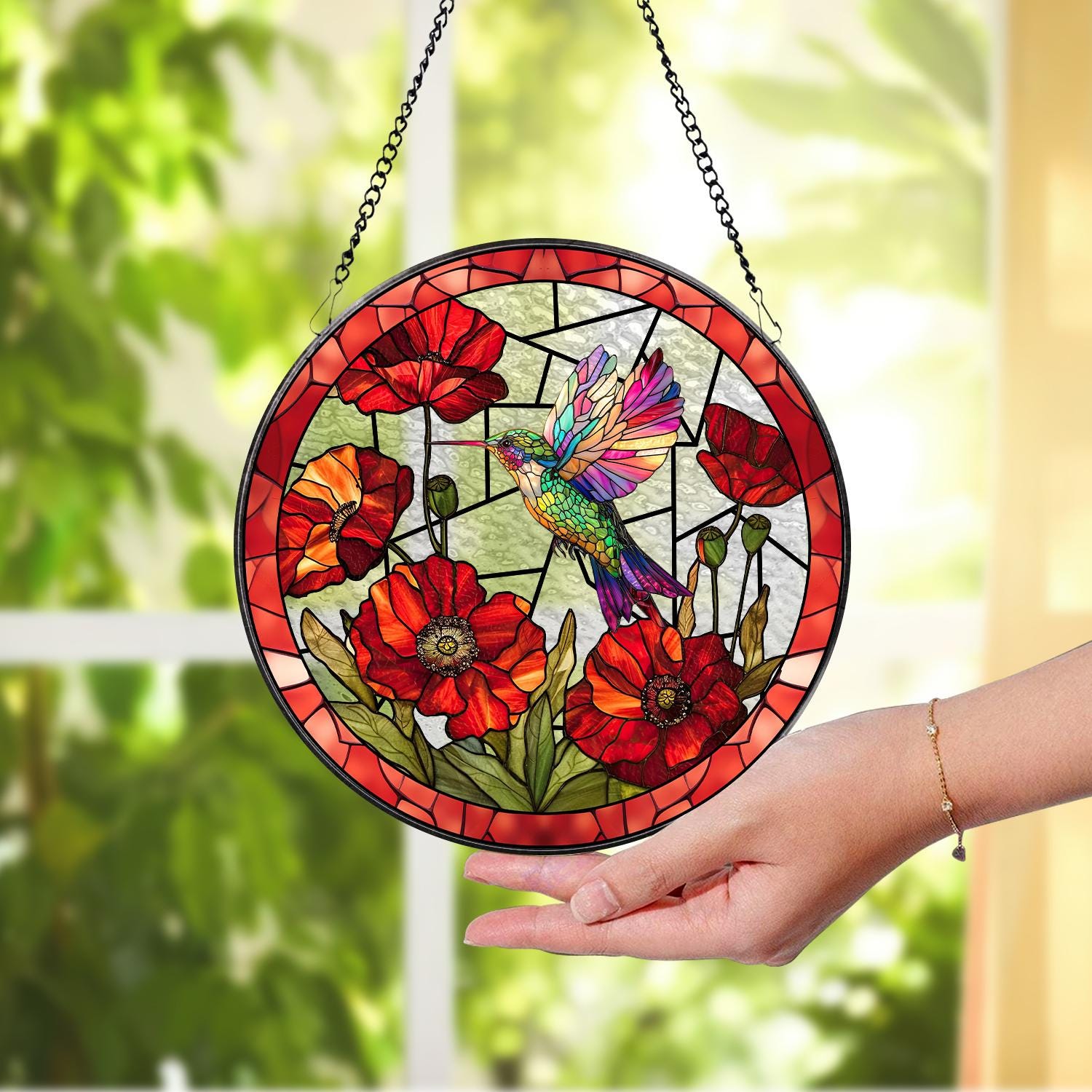 Hummingbird With Poppy Flower Stained Glass Suncatcher, Bird Stained Glass Window Hanging, Hummingbird Art, Gift Decor, Mother's Day Gift