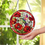 Hummingbird With Poppy Flower Stained Glass Suncatcher, Bird Stained Glass Window Hanging, Hummingbird Art, Gift Decor, Mother's Day Gift