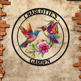 Personalized two hummingbirds flying among flowers, Hummingbird Name Metal Sign, Garden Sign, Outdoor Grave Marker, Garden Decor