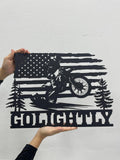 Personalized US Flag Dirt Bike Metal Sign with Led Light - Motocross Decor, Biker Name Sign, Outdoor Motorcycle Wall Art, Dirt Bike Gift
