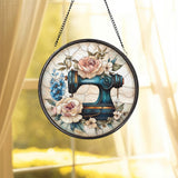 Personalized Glass Sewing Machine Suncatcher, Wildflower Window Hanging Ornament, Tailor Shop Decor, Gift for Sewing Lover, Gift for Mom