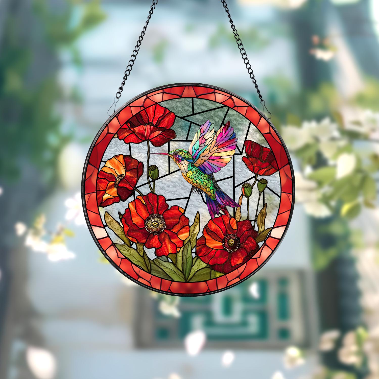 Hummingbird With Poppy Flower Stained Glass Suncatcher, Bird Stained Glass Window Hanging, Hummingbird Art, Gift Decor, Mother's Day Gift