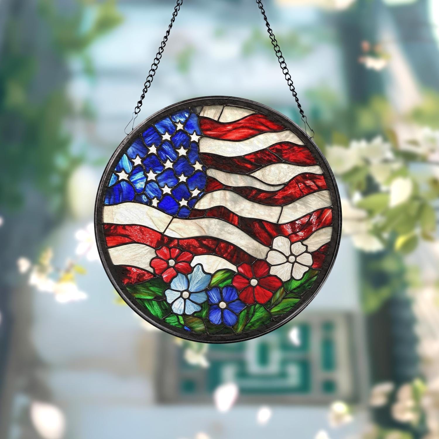 American Flag Stained Glass Suncatcher for Windows, Patriotic Home Decor, Rustic USA Style, Gift for Veterans, Fourth of July Decoration