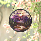 Mountain Sunset Stained Glass Suncatcher, Scenic Window Hanging Decor, Nature-Inspired Glass Art, Forest Landscape Gift, Rustic Home Accent