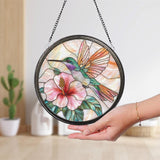 Hummingbird & Hibiscus Glass Wall Hanging, Floral Suncatcher Decor, Garden Window Accent, Perfect Gift for Bird and Flower Lovers