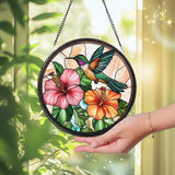 Hummingbird and Hibiscus Glass Window Hanging, Tropical Bird and Flower Suncatcher, Garden Decor, Handmade Gift for Nature Lovers