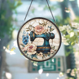 Personalized Glass Sewing Machine Suncatcher, Wildflower Window Hanging Ornament, Tailor Shop Decor, Gift for Sewing Lover, Gift for Mom