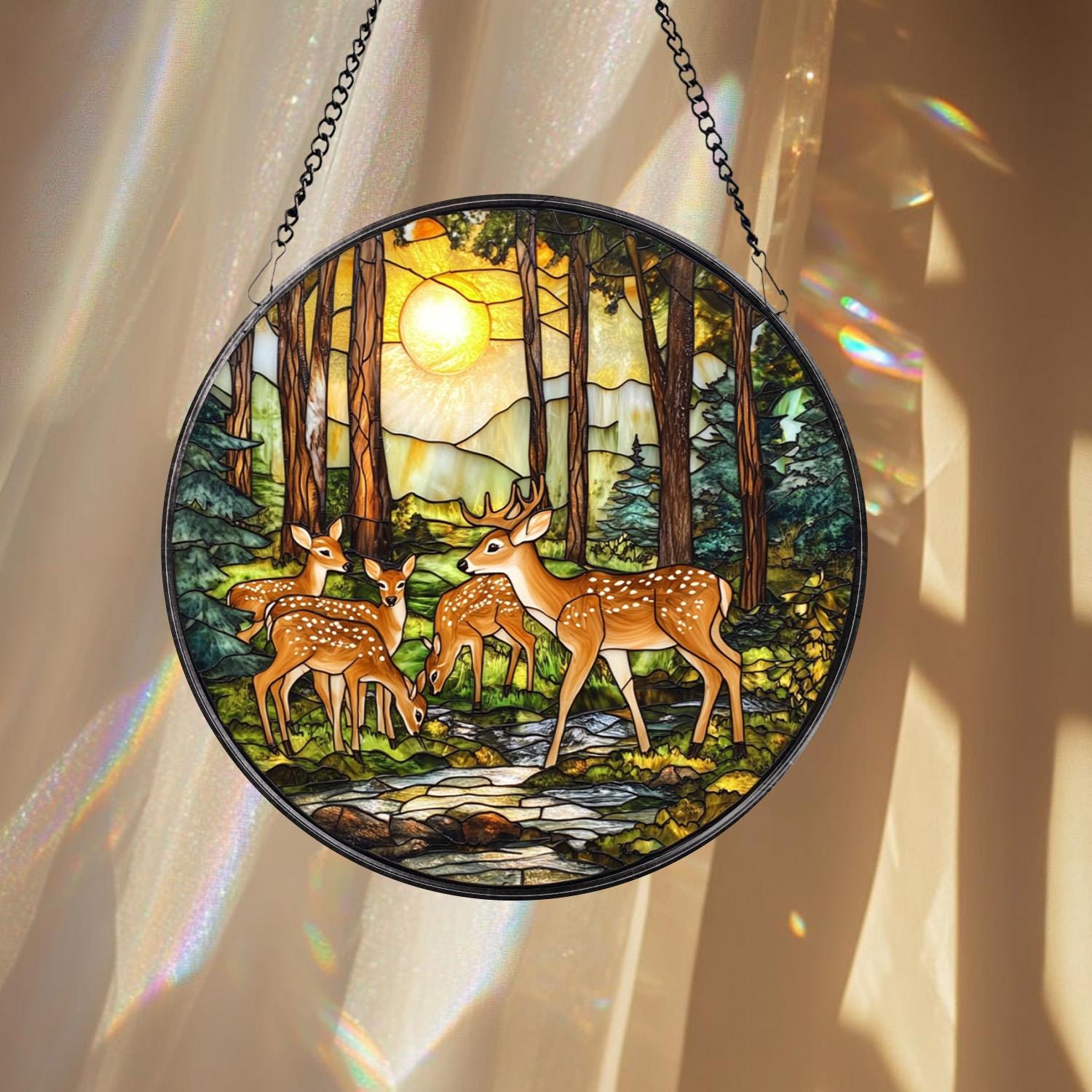 Winter Forest Deer Glass Suncatcher, Handmade Wildlife Window Decor, Gift for Nature and Animal Lovers, Holiday or Seasonal Accent