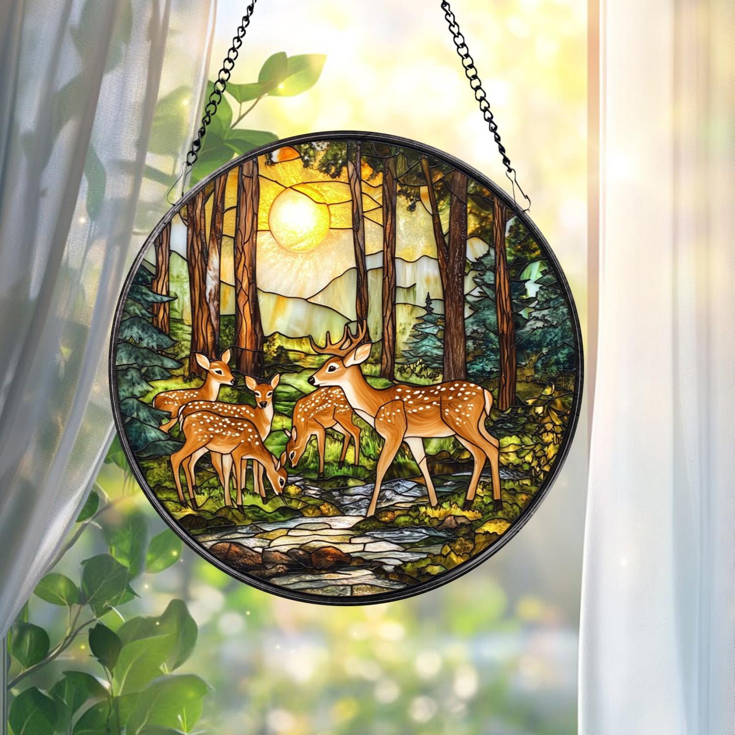 Winter Forest Deer Glass Suncatcher, Handmade Wildlife Window Decor, Gift for Nature and Animal Lovers, Holiday or Seasonal Accent