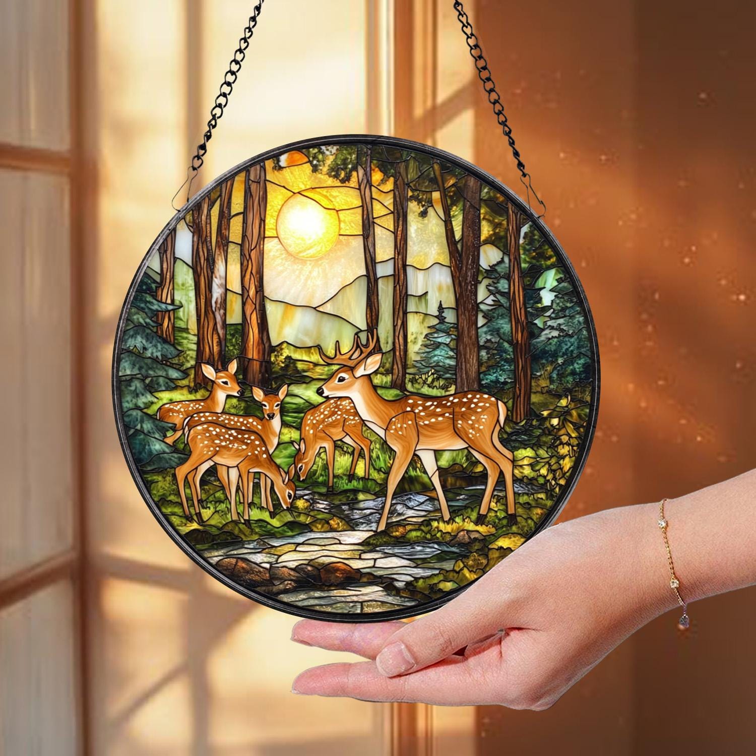 Winter Forest Deer Glass Suncatcher, Handmade Wildlife Window Decor, Gift for Nature and Animal Lovers, Holiday or Seasonal Accent