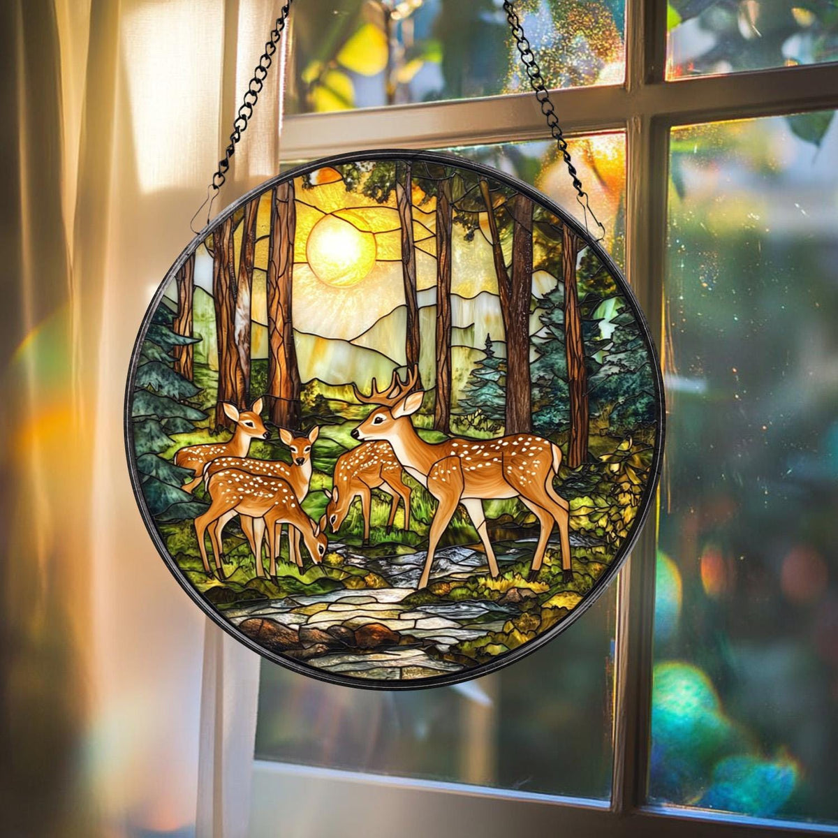 Winter Forest Deer Glass Suncatcher, Handmade Wildlife Window Decor, Gift for Nature and Animal Lovers, Holiday or Seasonal Accent