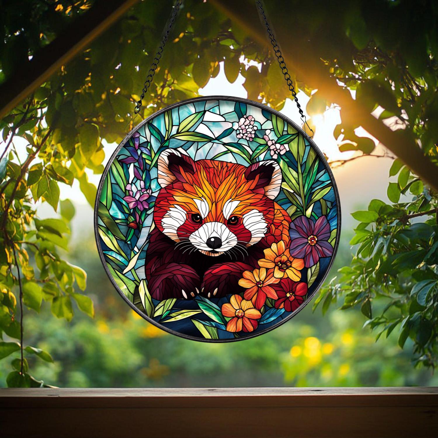 Cute Red Panda Glass Suncatcher, Wildlife Window Art for Animal Lovers, Unique Glass Decor for Bedroom, Living Room, or Office Space