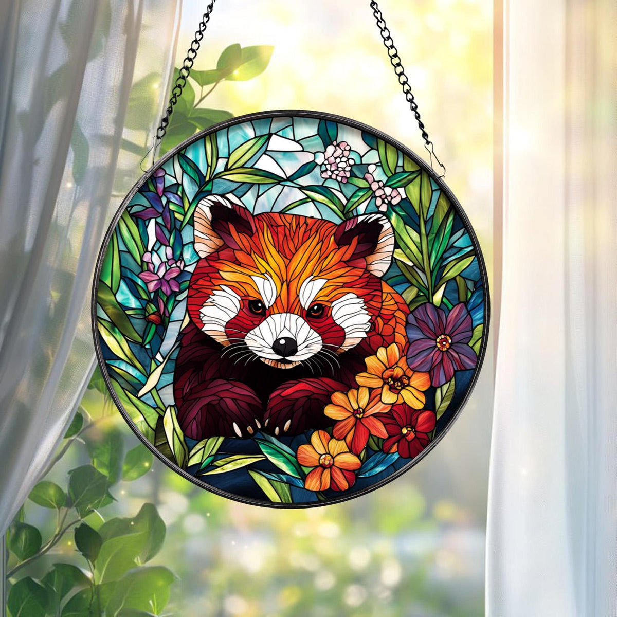 Cute Red Panda Glass Suncatcher, Wildlife Window Art for Animal Lovers, Unique Glass Decor for Bedroom, Living Room, or Office Space