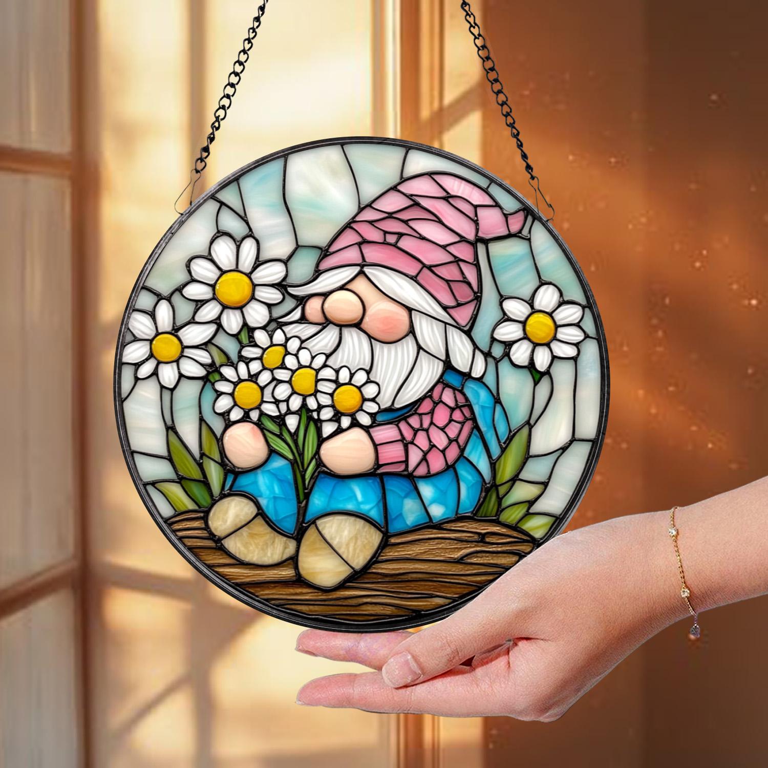 Adorable Spring Gnome Glass Suncatcher, Fairy Garden Decor, Flower Gnome Window Art, Unique Gift for Her, Cute Garden-Themed Home Accent