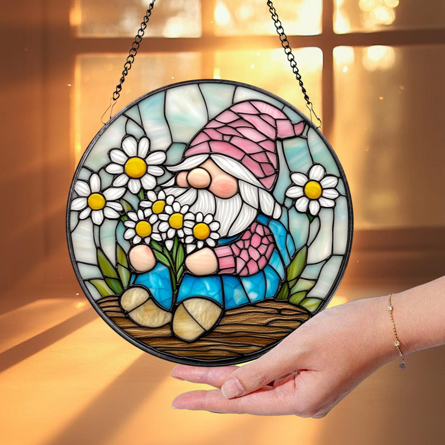 Adorable Spring Gnome Glass Suncatcher, Fairy Garden Decor, Flower Gnome Window Art, Unique Gift for Her, Cute Garden-Themed Home Accent