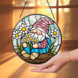 Adorable Spring Gnome Glass Suncatcher, Fairy Garden Decor, Flower Gnome Window Art, Unique Gift for Her, Cute Garden-Themed Home Accent