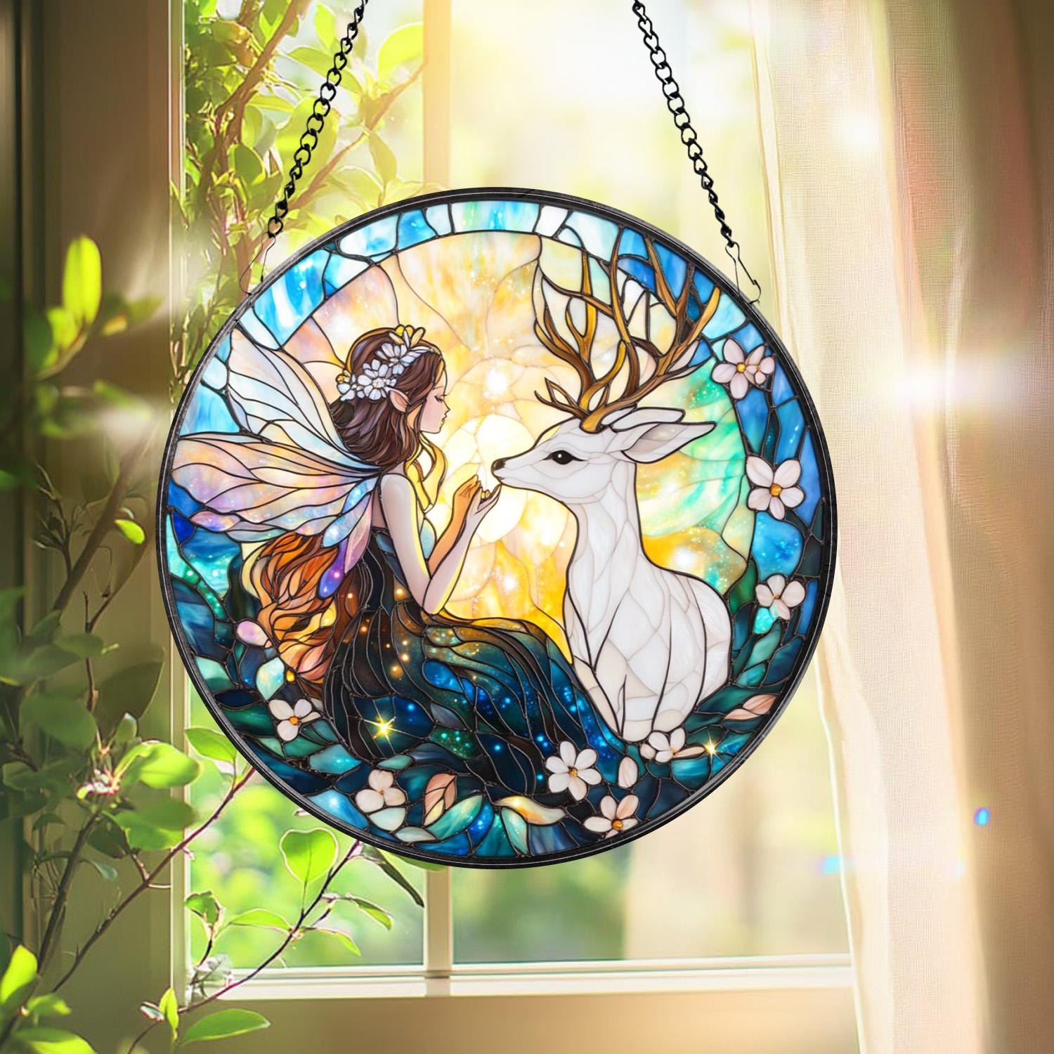 Fairy and Butterfly Hanging Glass Ornament, Fantasy Car Charm or Window Decoration, Magical Gift for Fairy Fans, Nature Spirit Decor