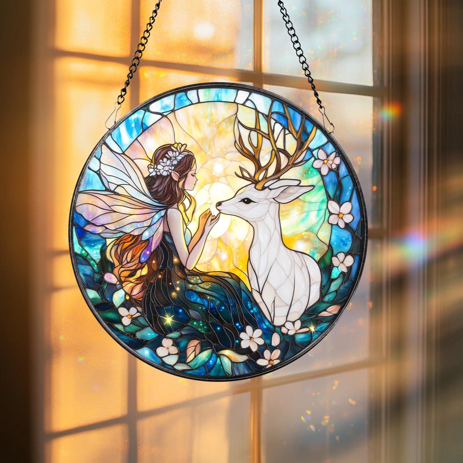 Fairy and Butterfly Hanging Glass Ornament, Fantasy Car Charm or Window Decoration, Magical Gift for Fairy Fans, Nature Spirit Decor