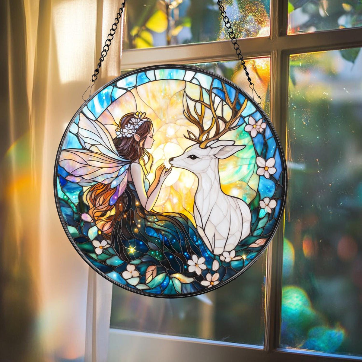 Fairy and Butterfly Hanging Glass Ornament, Fantasy Car Charm or Window Decoration, Magical Gift for Fairy Fans, Nature Spirit Decor