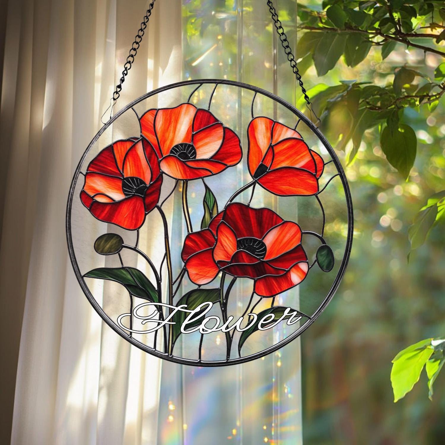 Poppy Flower Glass Suncatcher, California Botanical Window Art, Garden-Inspired Home Decor, Unique Floral Gift for Mom or Plant Lovers