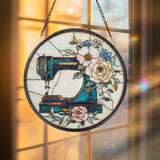 Personalized Sewing Machine Glass Suncatcher, Wildflower Window Hanging for Tailor Shop or Sewing Room, Gift for Mom or Craft Lover