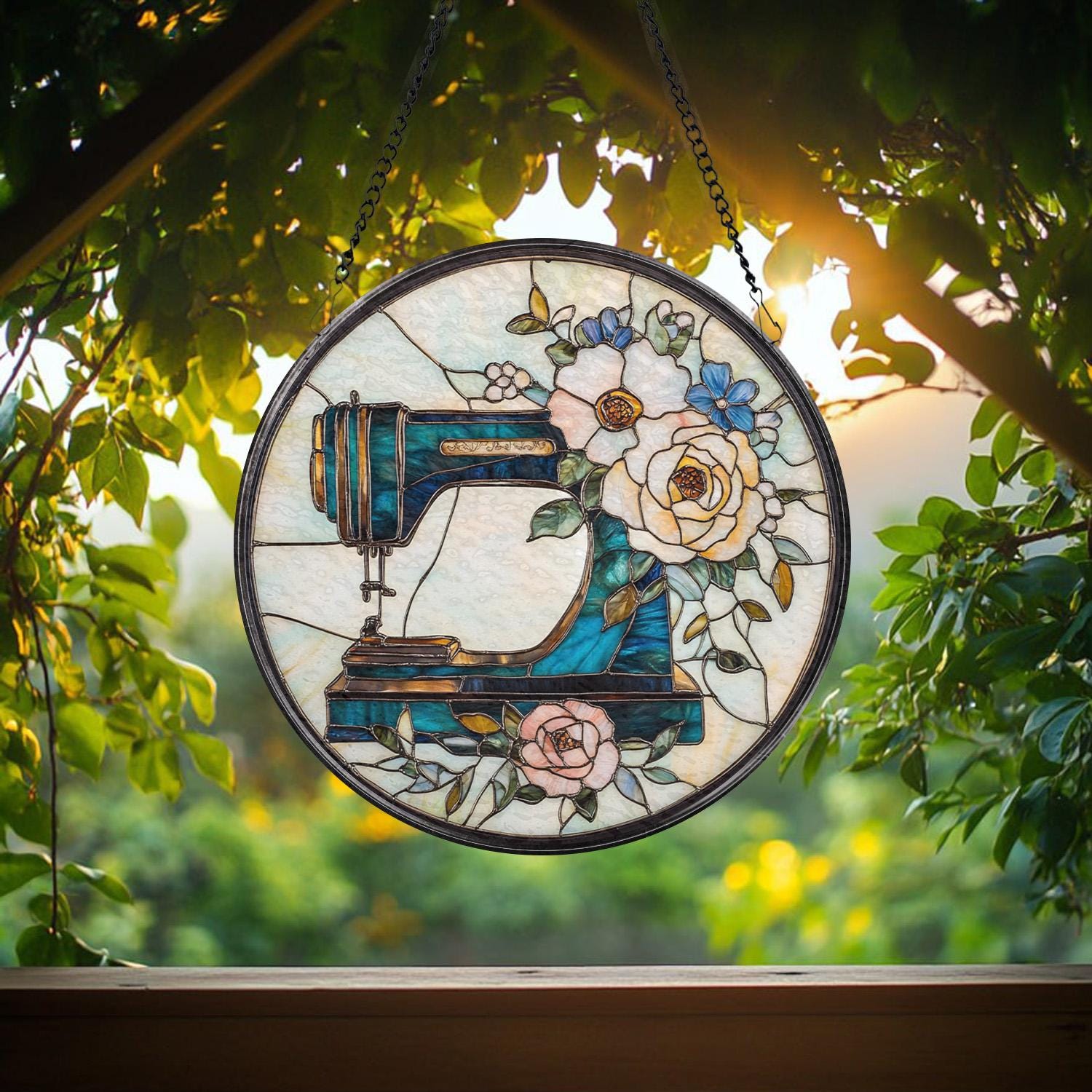 Personalized Sewing Machine Glass Suncatcher, Wildflower Window Hanging for Tailor Shop or Sewing Room, Gift for Mom or Craft Lover