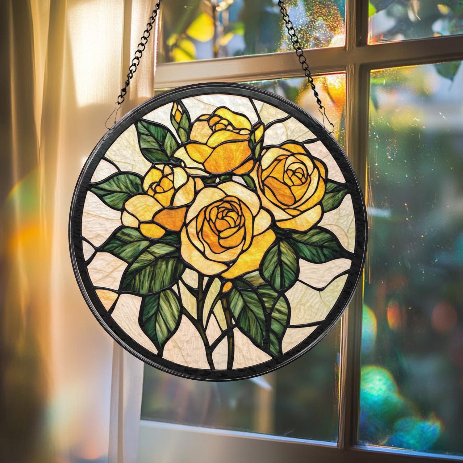 Rose Gold Flower Stained Glass Suncatcher, Personalized Floral Window Hanging, Romantic Gift for Mom or Grandma, Elegant Home Window Decor