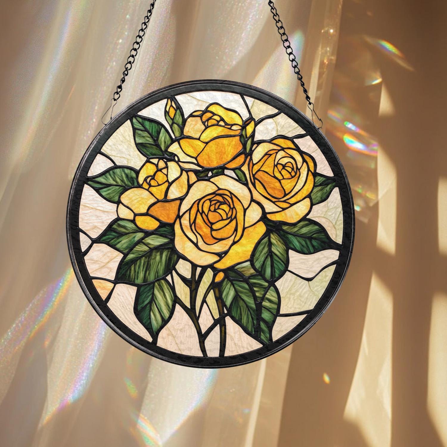 Rose Gold Flower Stained Glass Suncatcher, Personalized Floral Window Hanging, Romantic Gift for Mom or Grandma, Elegant Home Window Decor
