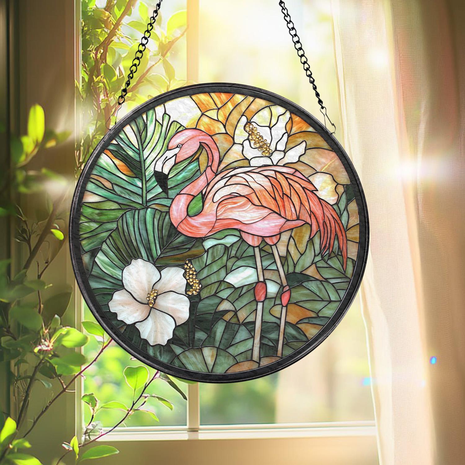Stained Glass Flamingo Suncatcher, Handmade Bird Window Hanging, Tropical Glass Decor for Flamingo Lovers, Housewarming or Birthday Gift