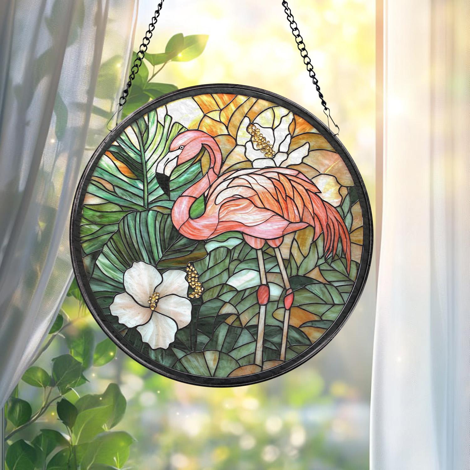 Stained Glass Flamingo Suncatcher, Handmade Bird Window Hanging, Tropical Glass Decor for Flamingo Lovers, Housewarming or Birthday Gift