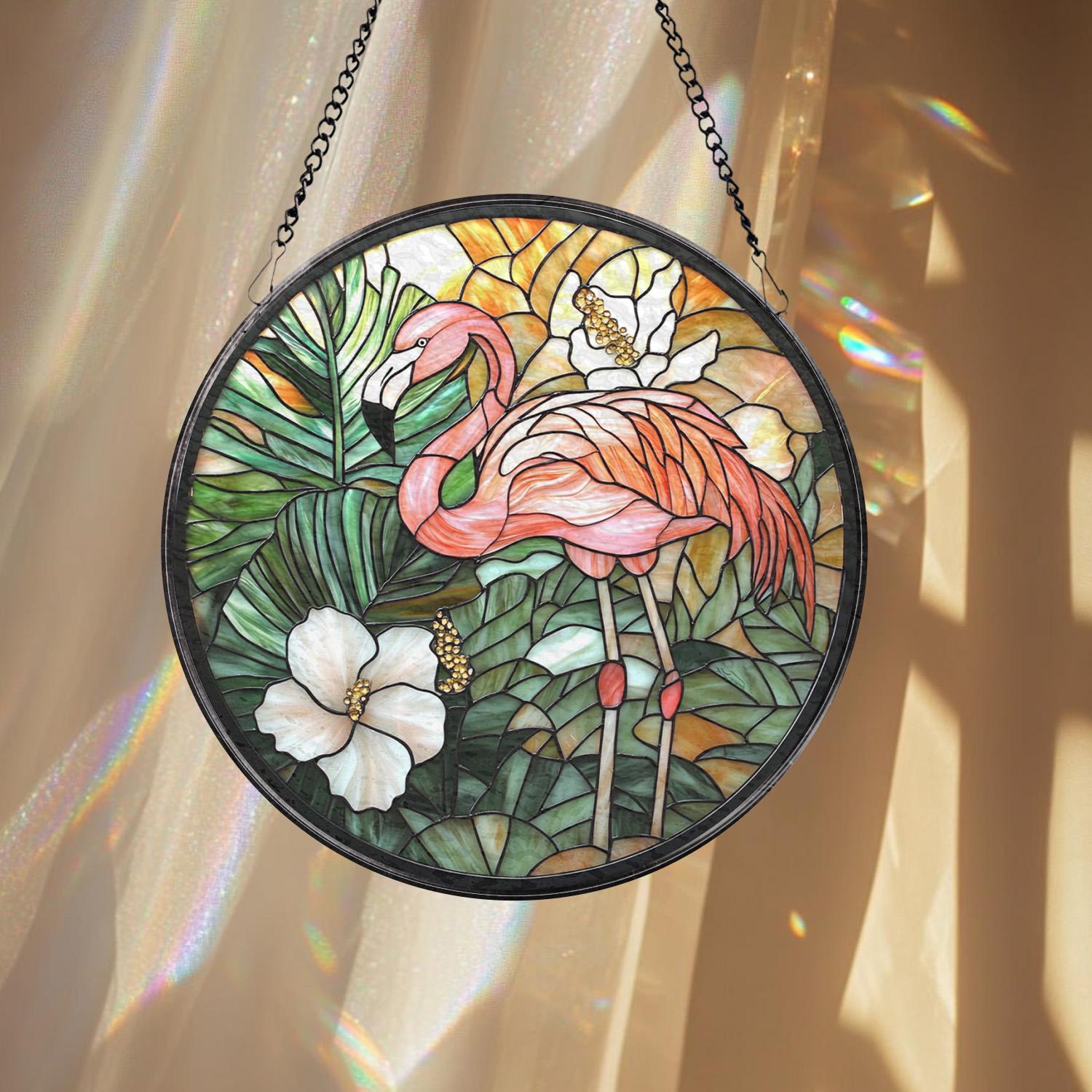 Stained Glass Flamingo Suncatcher, Handmade Bird Window Hanging, Tropical Glass Decor for Flamingo Lovers, Housewarming or Birthday Gift