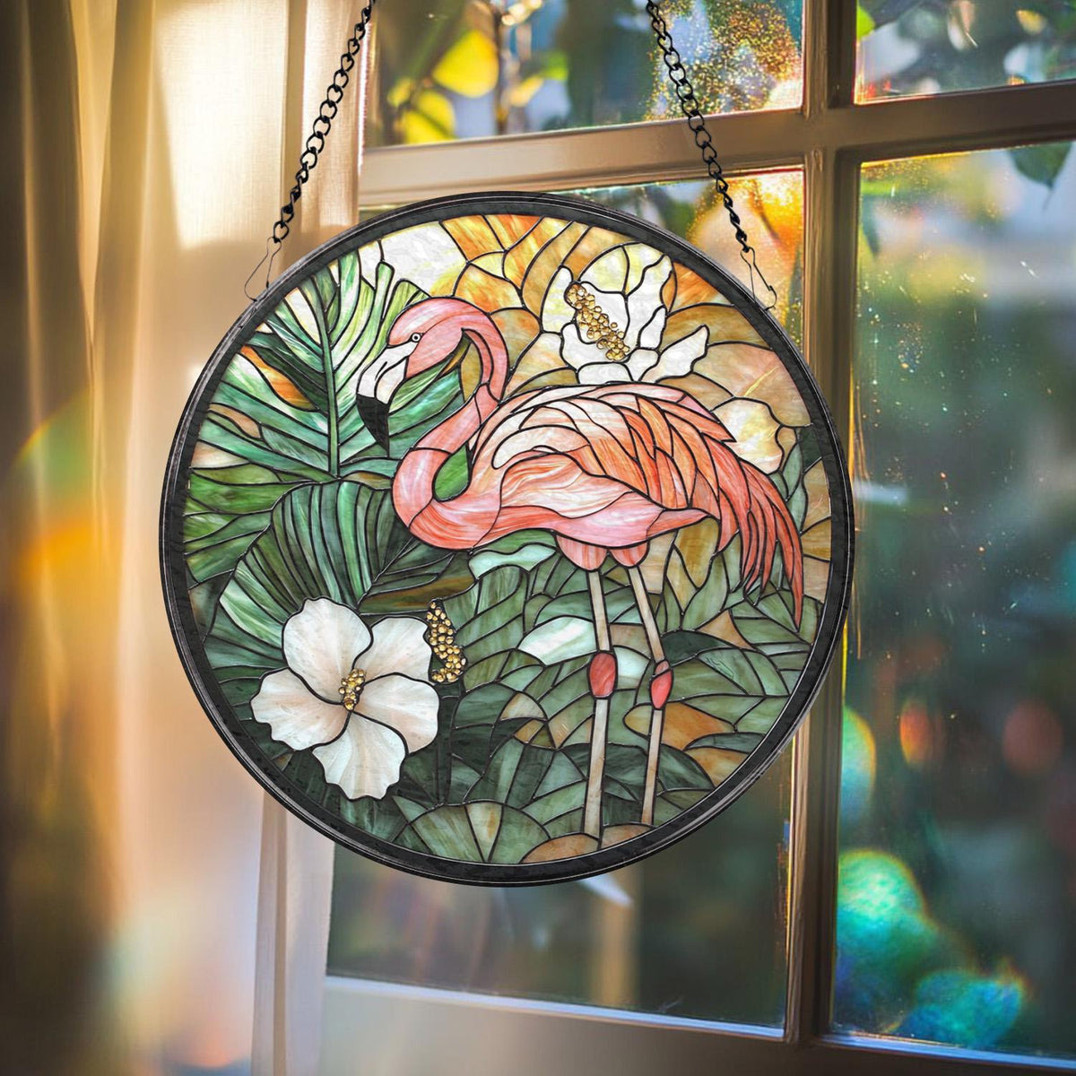Stained Glass Flamingo Suncatcher, Handmade Bird Window Hanging, Tropical Glass Decor for Flamingo Lovers, Housewarming or Birthday Gift
