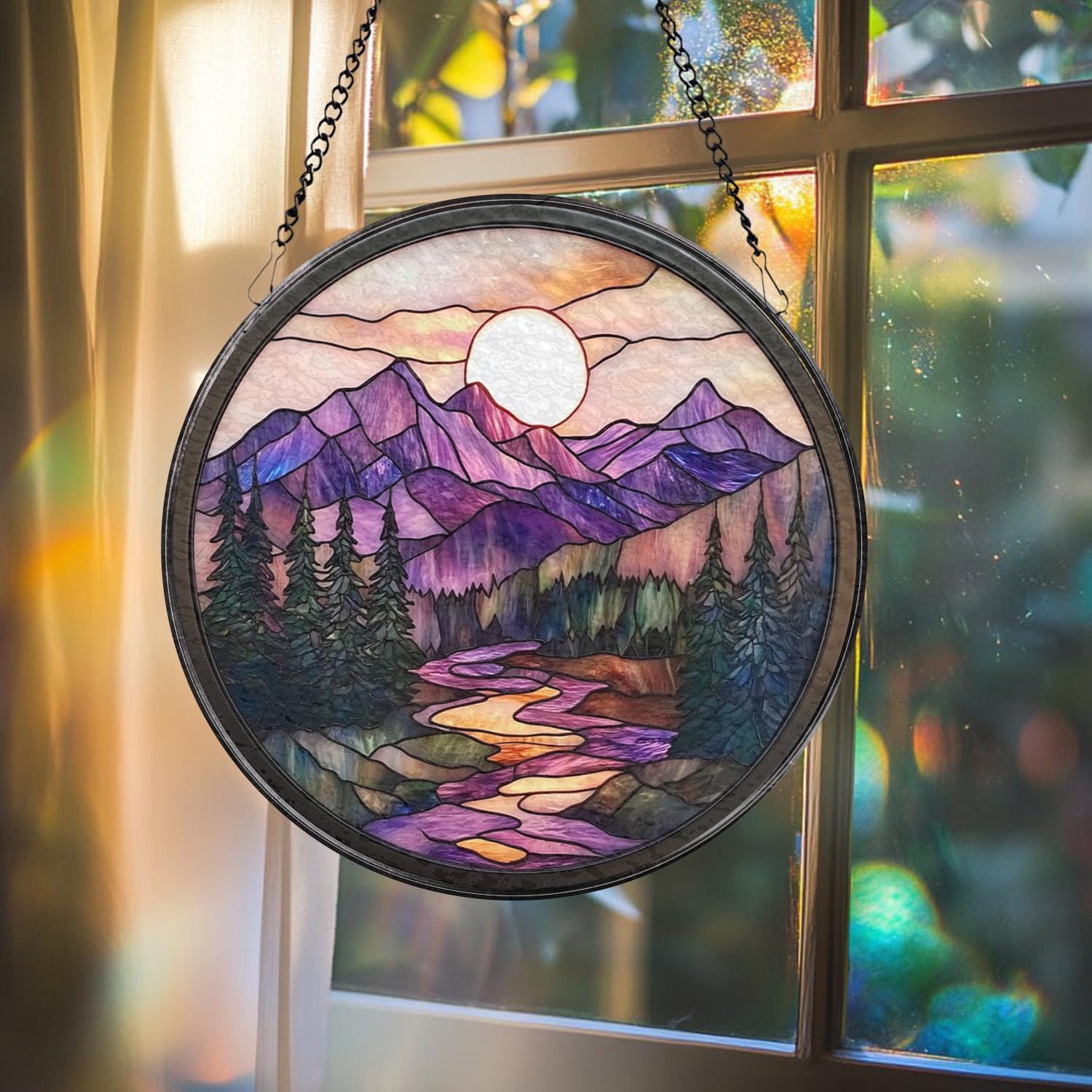 Nature Landscape Glass Suncatcher, Mountain Sunset Window Hanging, Forest Scene Rustic Home Decor, Outdoor-Inspired Gift for Nature Fans