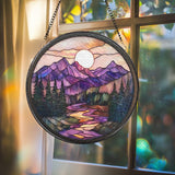 Nature Landscape Glass Suncatcher, Mountain Sunset Window Hanging, Forest Scene Rustic Home Decor, Outdoor-Inspired Gift for Nature Fans