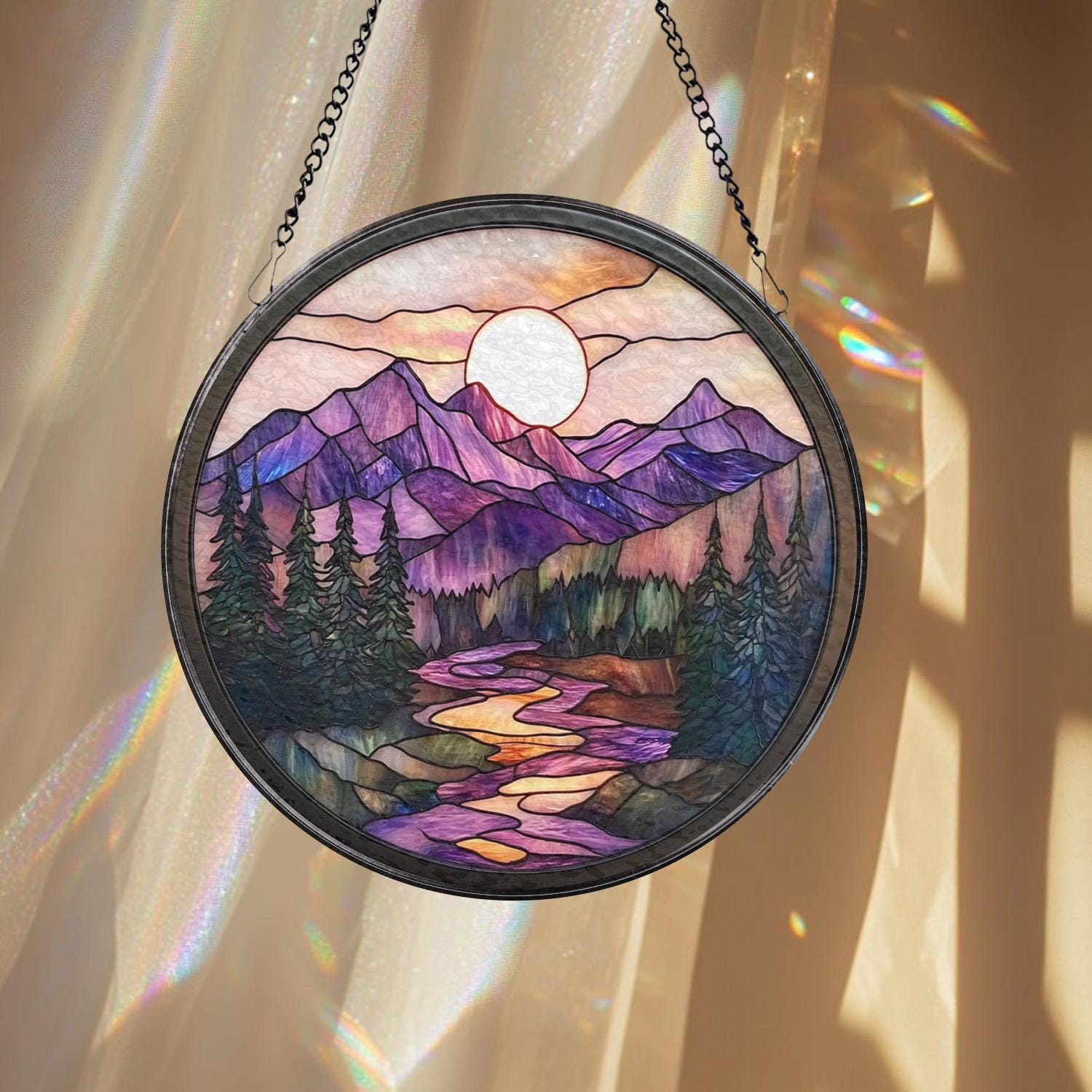Nature Landscape Glass Suncatcher, Mountain Sunset Window Hanging, Forest Scene Rustic Home Decor, Outdoor-Inspired Gift for Nature Fans