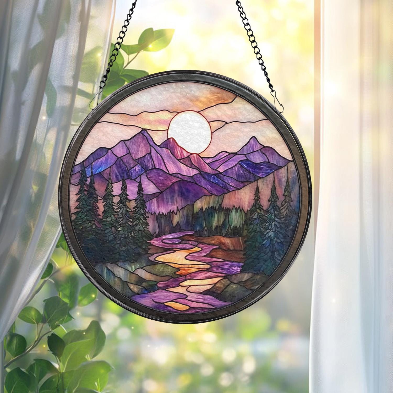 Nature Landscape Glass Suncatcher, Mountain Sunset Window Hanging, Forest Scene Rustic Home Decor, Outdoor-Inspired Gift for Nature Fans