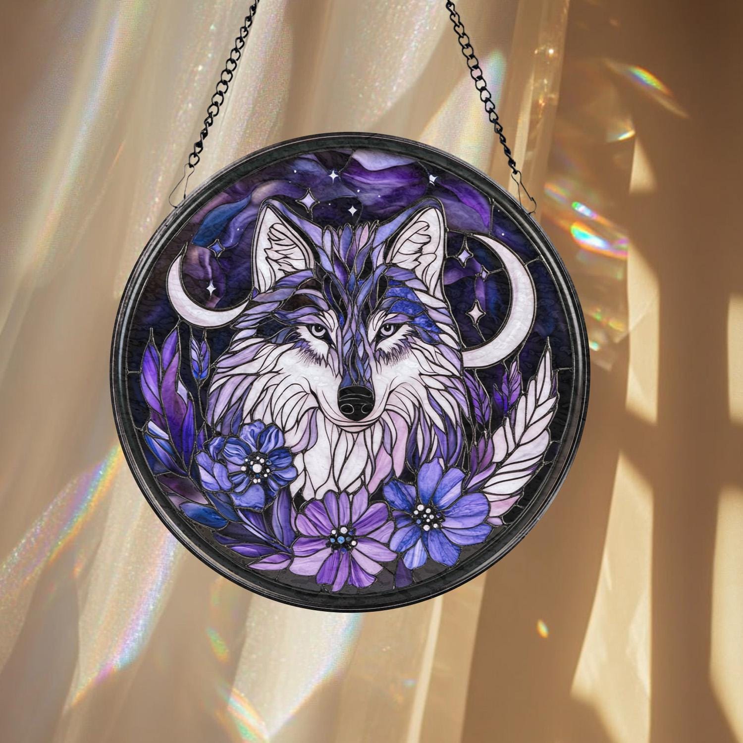 Majestic Wolf Stained Glass Suncatcher, Moonlit Window Hanging, Rustic Cabin Decor, Wildlife Lover Gift, Halloween Wall Art, Handmade Gift