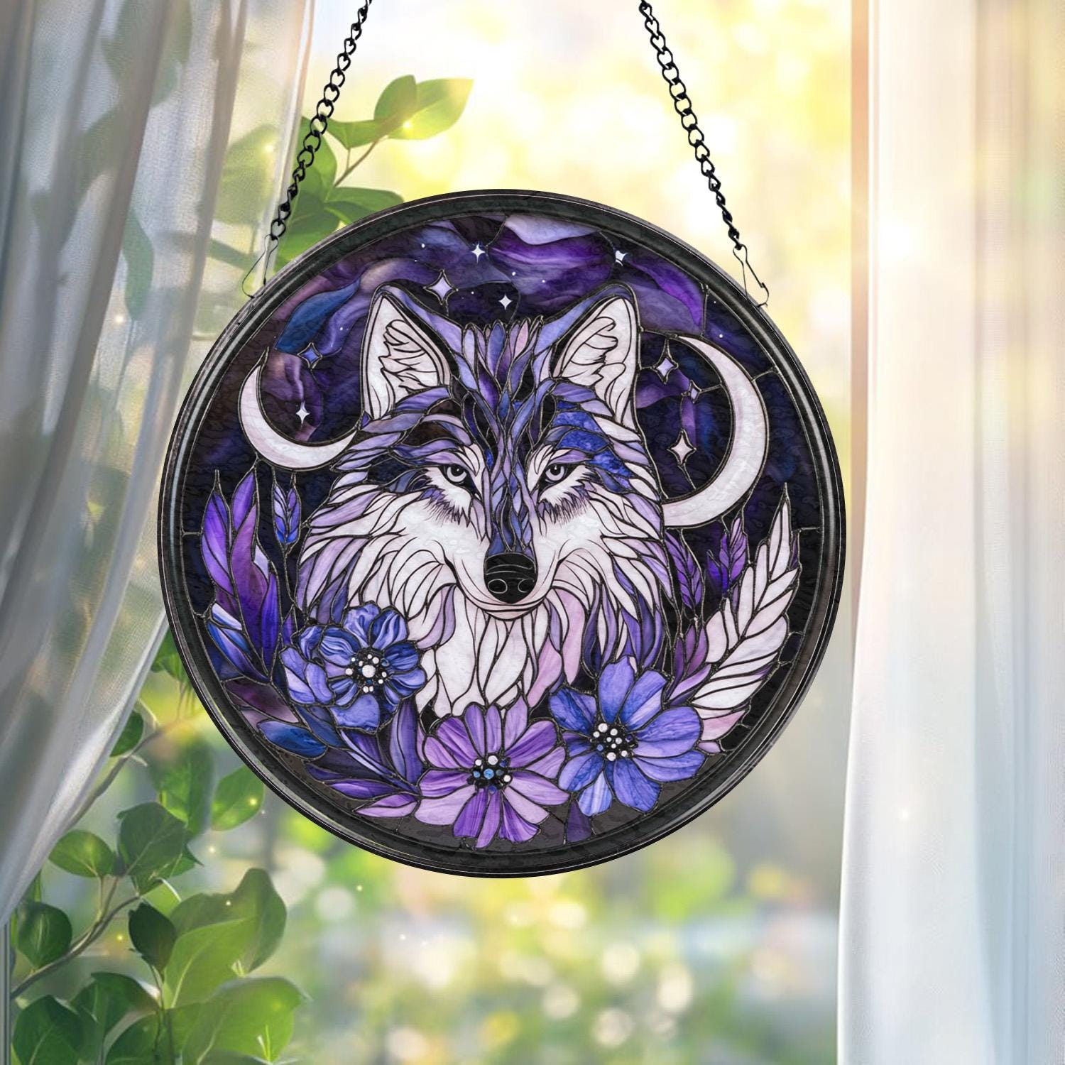 Majestic Wolf Stained Glass Suncatcher, Moonlit Window Hanging, Rustic Cabin Decor, Wildlife Lover Gift, Halloween Wall Art, Handmade Gift