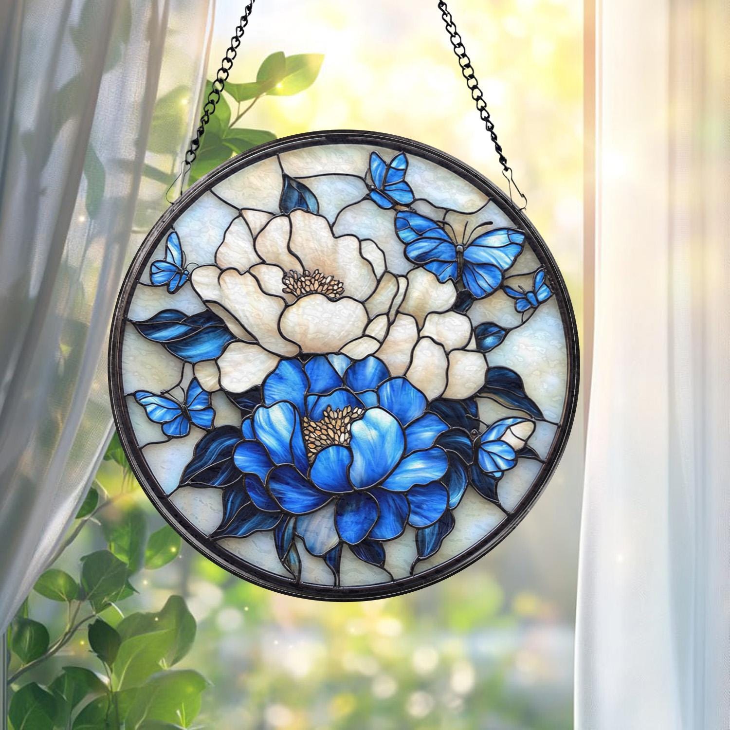 Royal Blue Peony Glass Suncatcher, Birth Month Flower Decor, Window Hanging, Handmade Gift, Floral Art, Gardening Lover Gift, Gift for Her