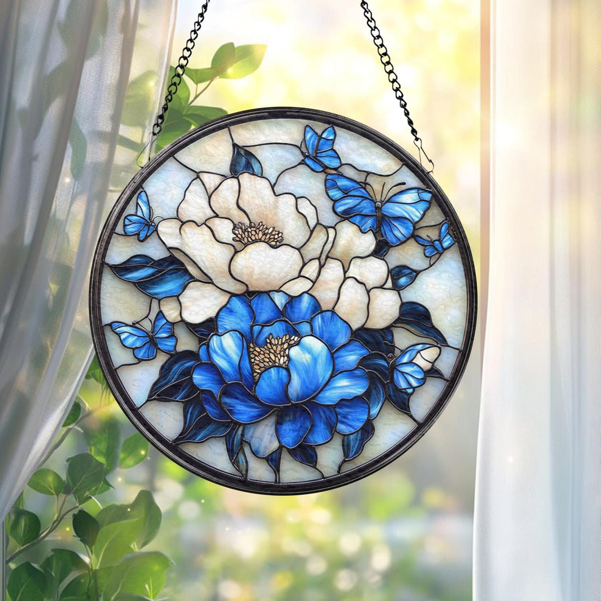 Royal Blue Peony Glass Suncatcher, Birth Month Flower Decor, Window Hanging, Handmade Gift, Floral Art, Gardening Lover Gift, Gift for Her