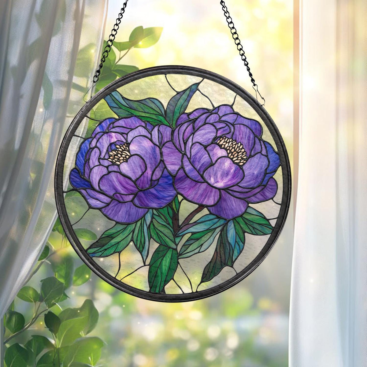 Peony Flower Glass Suncatcher, Purple Peony Ornament, Window Hanging Decor, Mother’s Day Keepsake, Garden Wall Art, Gift for Her