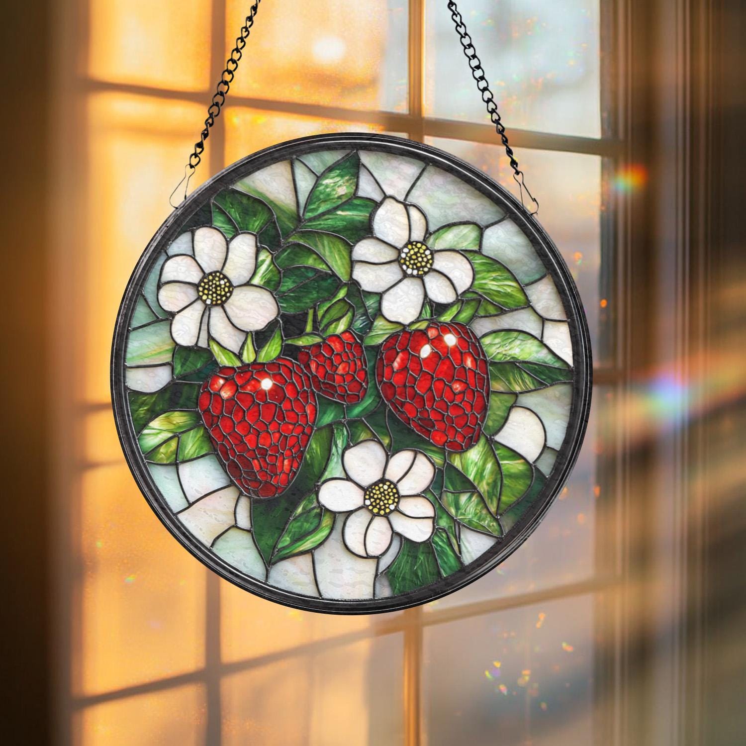 Strawberry Branch Glass Suncatcher, Floral Window Ornament, Housewarming Gift, Berry Lover Decor, Farmhouse Kitchen Wall Charm