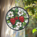 Strawberry Branch Glass Suncatcher, Floral Window Ornament, Housewarming Gift, Berry Lover Decor, Farmhouse Kitchen Wall Charm