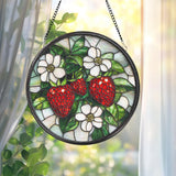 Strawberry Branch Glass Suncatcher, Floral Window Ornament, Housewarming Gift, Berry Lover Decor, Farmhouse Kitchen Wall Charm