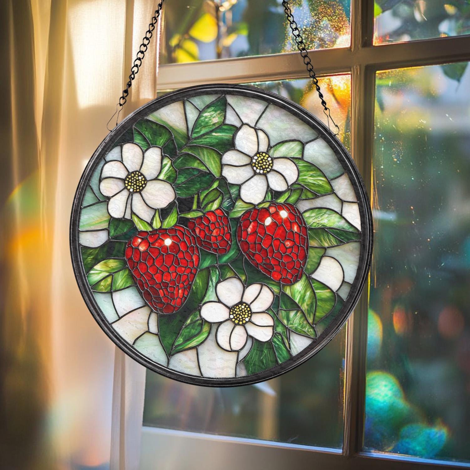 Strawberry Branch Glass Suncatcher, Floral Window Ornament, Housewarming Gift, Berry Lover Decor, Farmhouse Kitchen Wall Charm